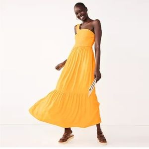 NWT Nine West Smocked One Shoulder Gold Maxi Dress